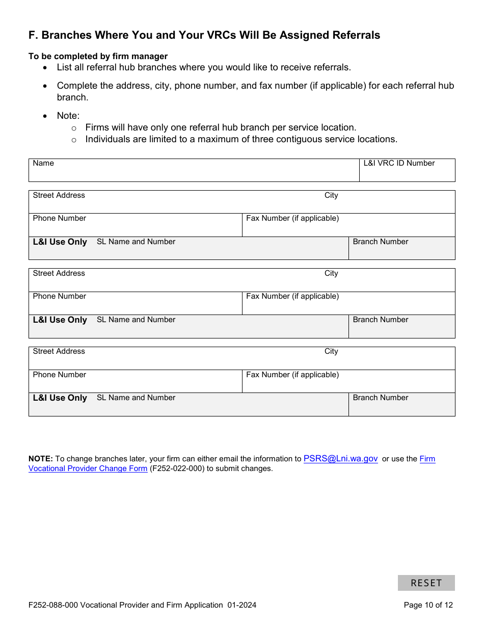 Form F252-088-000 Vocational Provider and Firm Application - Washington, Page 10