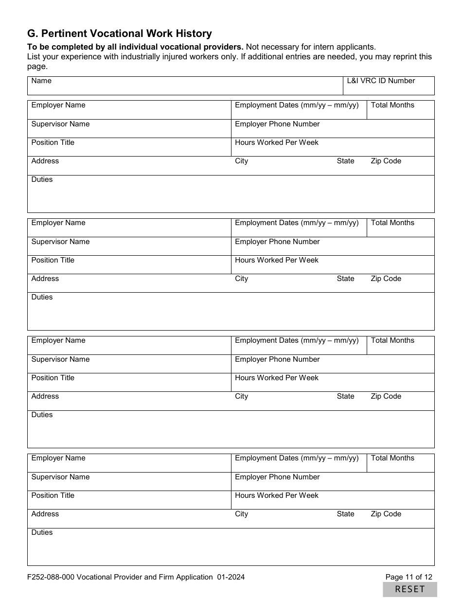 Form F252-088-000 Vocational Provider and Firm Application - Washington, Page 11