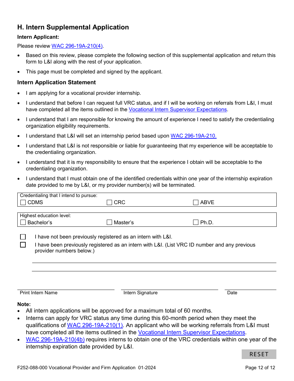 Form F252-088-000 Vocational Provider and Firm Application - Washington, Page 12