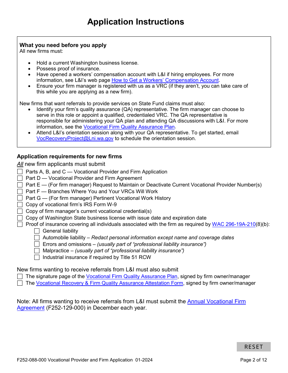 Form F252-088-000 Vocational Provider and Firm Application - Washington, Page 2