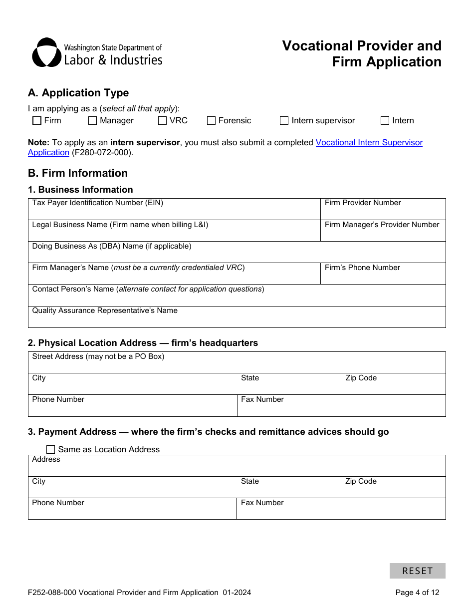 Form F252-088-000 Vocational Provider and Firm Application - Washington, Page 4
