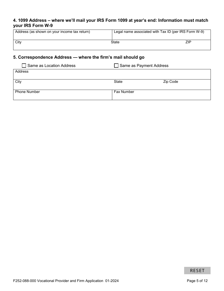 Form F252-088-000 Vocational Provider and Firm Application - Washington, Page 5