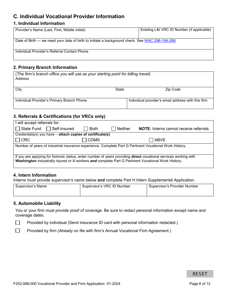 Form F252-088-000 Vocational Provider and Firm Application - Washington, Page 6