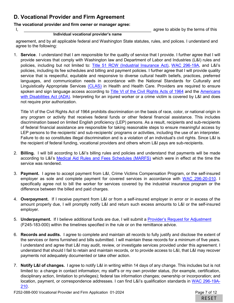 Form F252-088-000 Vocational Provider and Firm Application - Washington, Page 7