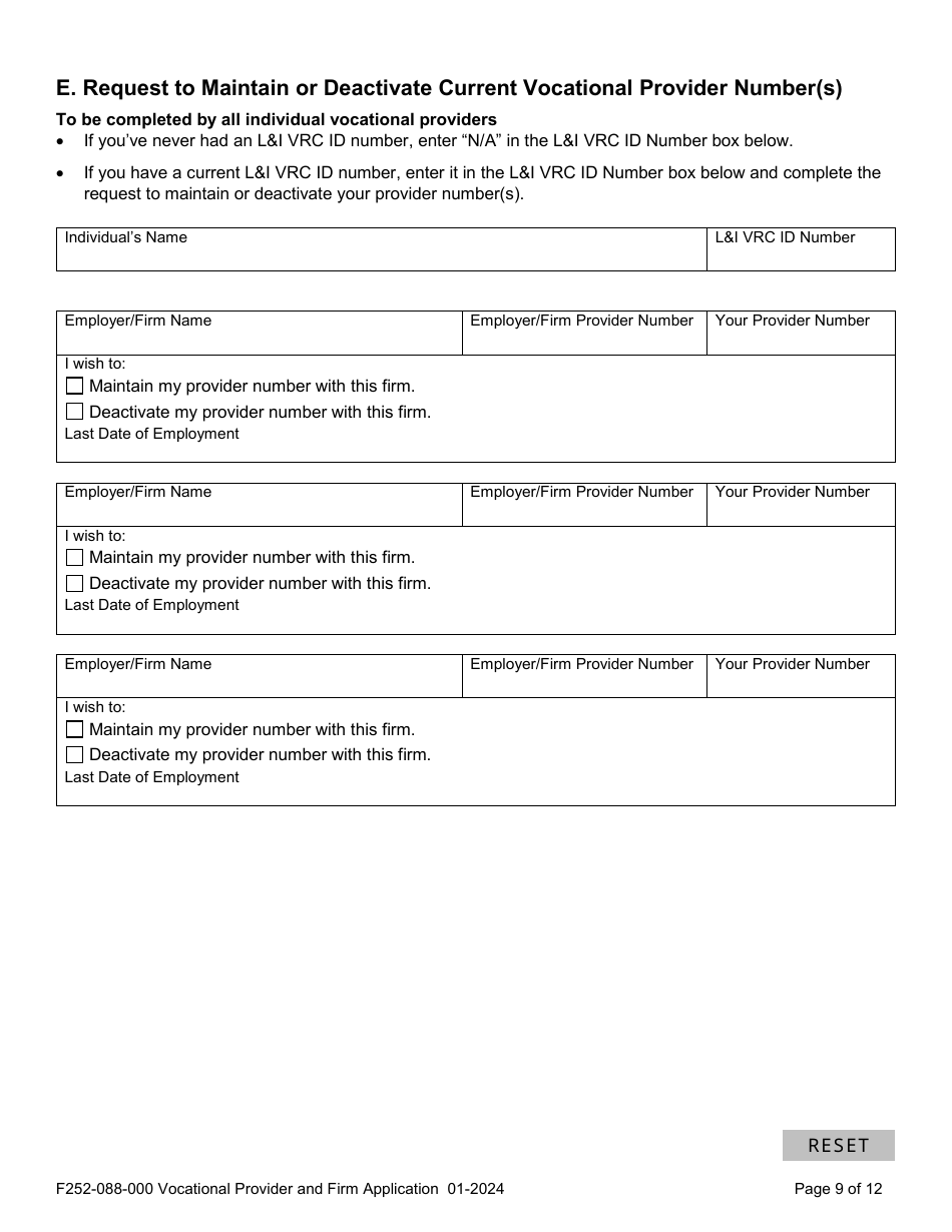 Form F252-088-000 Vocational Provider and Firm Application - Washington, Page 9