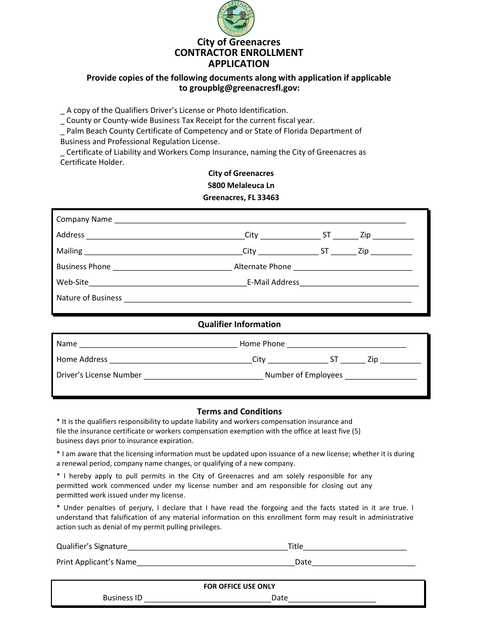 Contractor Enrollment Application - City of Greenacres, Florida, Page 1
