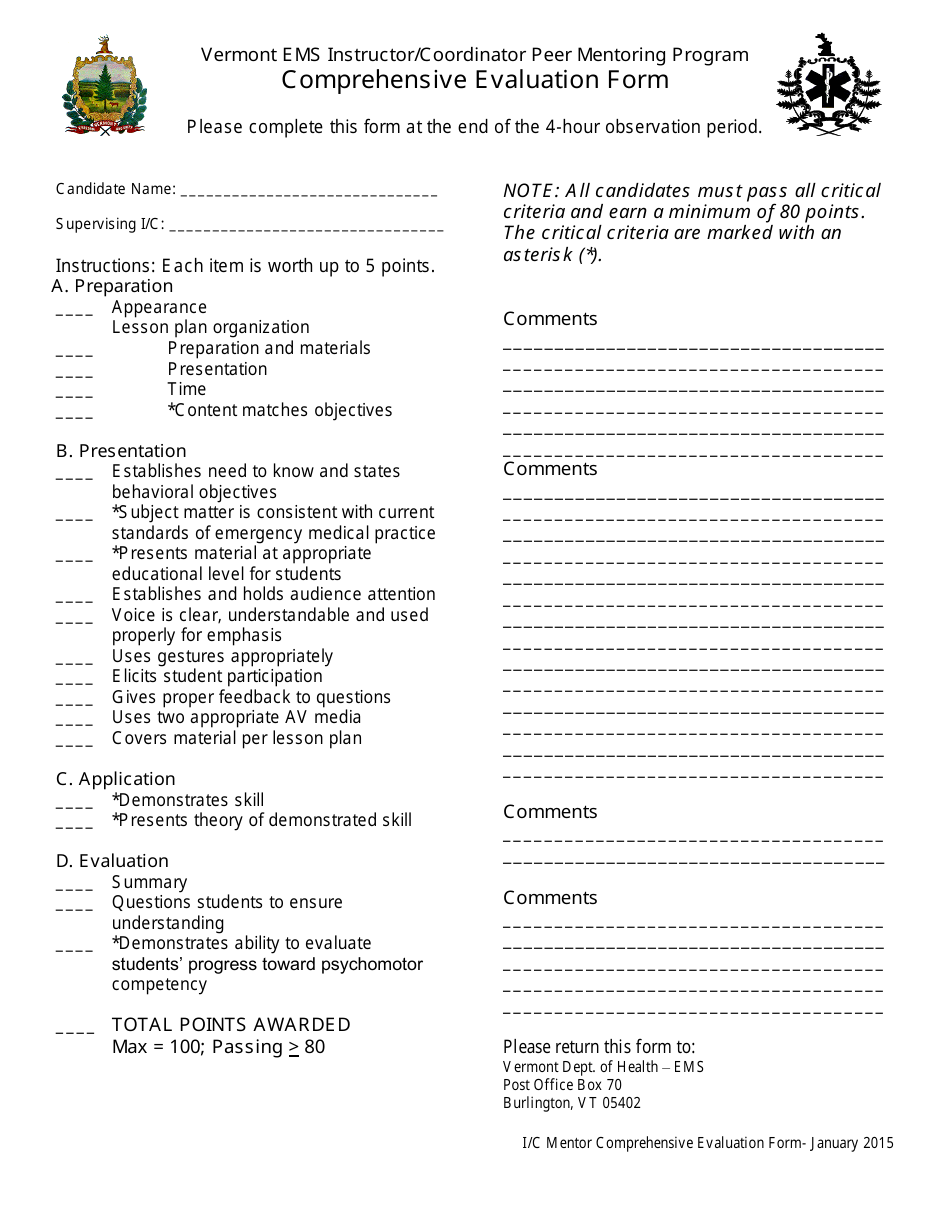 Vermont Comprehensive Evaluation Form - EMS Instructor/Coordinator Peer ...