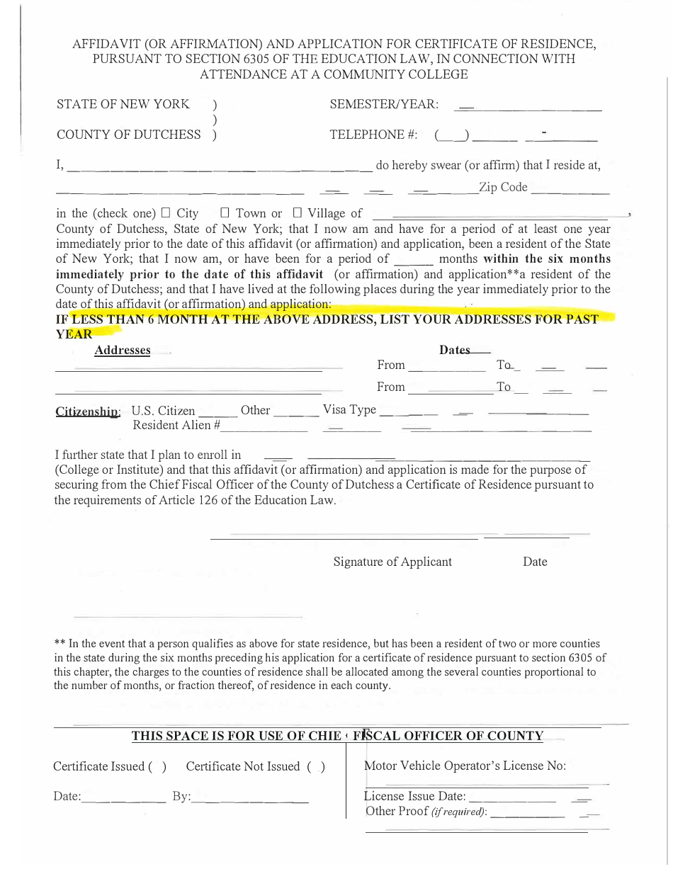 Affidavit (Or Affirmatio) and Application for Certificate of Residence, Pursuant to Section 6305 of the Educational Law, in Connection With Attendance at a Community College - County of Dutchess, New York, Page 1