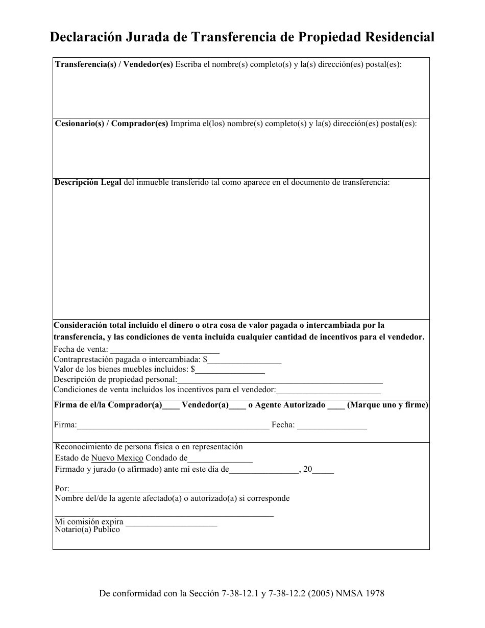 Declaracion Jurada De Transferencia De Propiedad Residencial - New Mexico (Spanish), Page 1