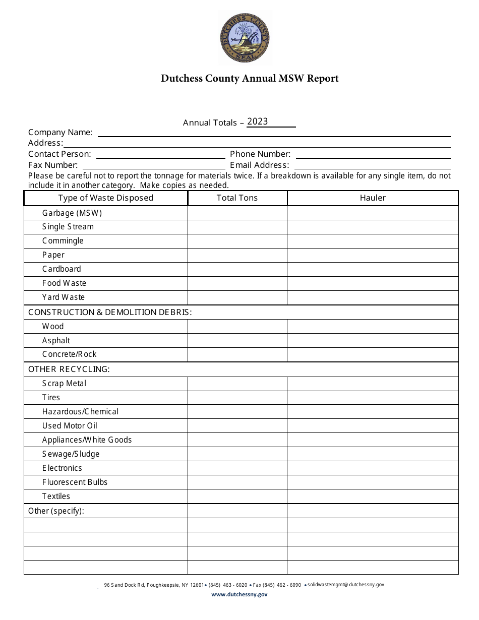 Annual Recycling Report Form - Business / General - Dutchess County, New York, Page 1