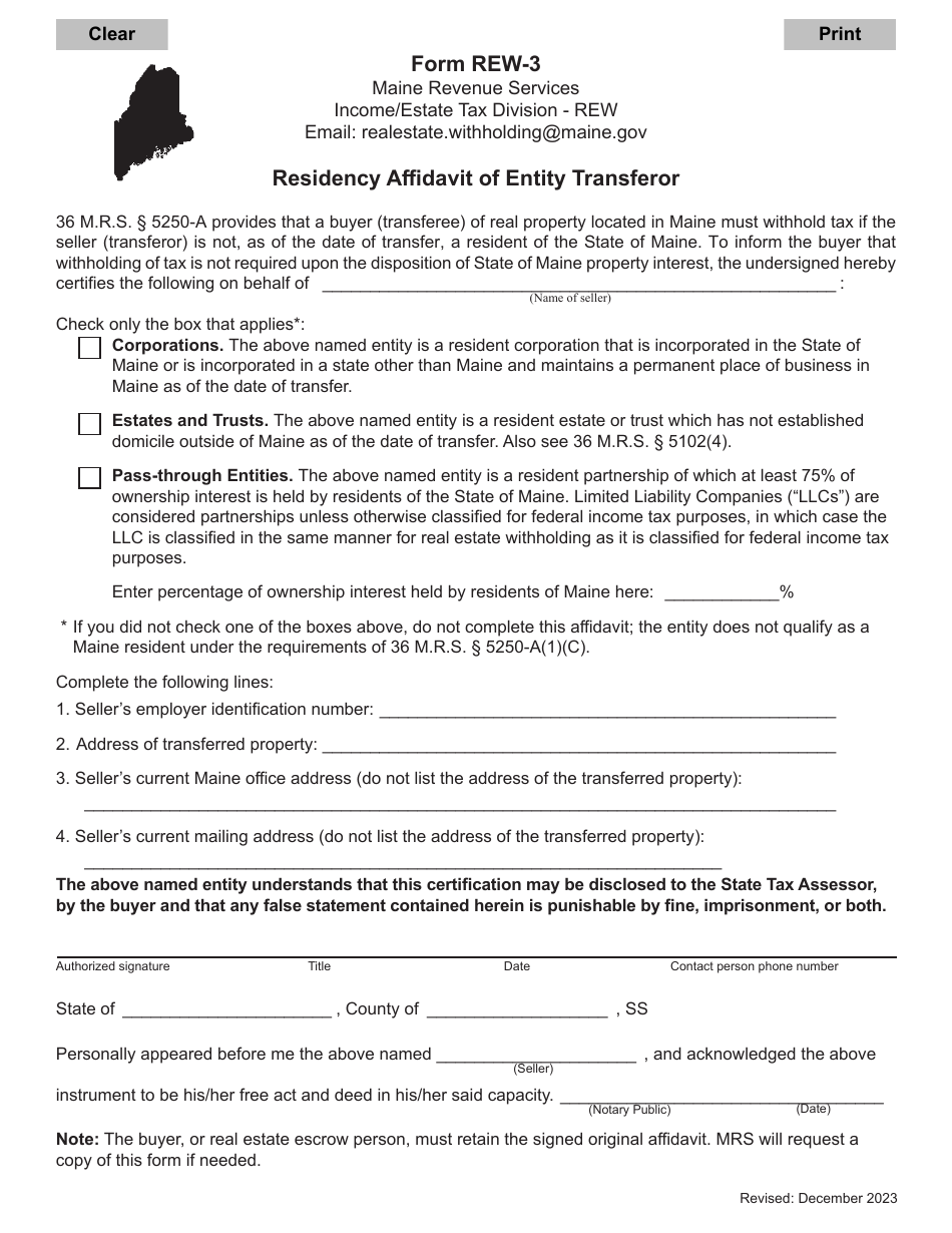 Form REW 3 Download Fillable PDF Or Fill Online Residency Affidavit Of   Form Rew 3 Residency Affidavit Of Entity Transferor Maine Print Big 