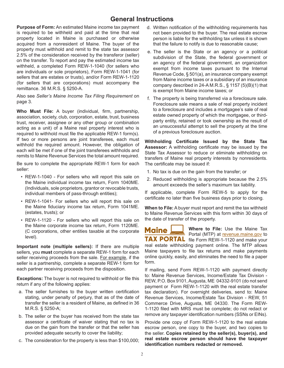 Form REW-1-1120 Real Estate Withholding Payment Voucher for Transfer of Maine Real Property by Sellers That Are Corporations - Maine, Page 2
