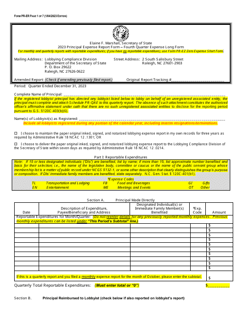 Form PR-ER Principal Expense Report Form - Fourth Quarter Expense Long Form - North Carolina, 2023