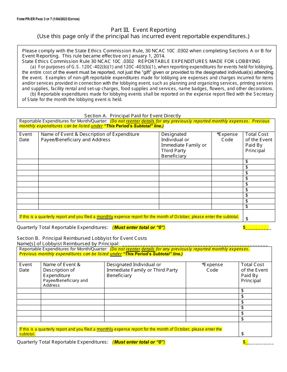 Form PR-ER Principal Expense Report Form - Fourth Quarter Expense Long Form - North Carolina, Page 3