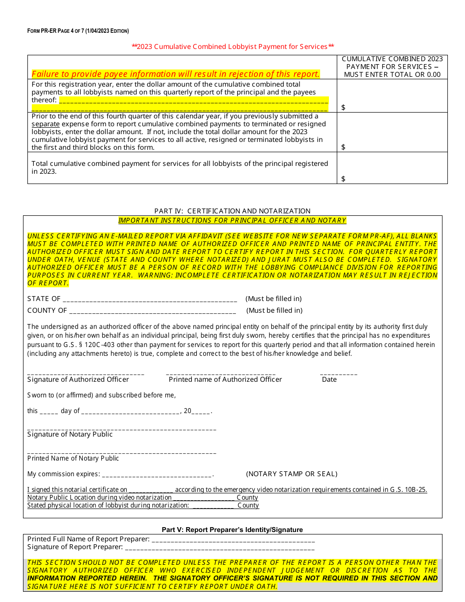 Form PR-ER Principal Expense Report Form - Fourth Quarter Expense Long Form - North Carolina, Page 4