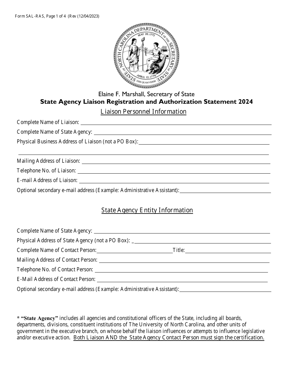 Form SAL-RAS State Agency Liaison Registration and Authorization Statement - North Carolina, Page 1