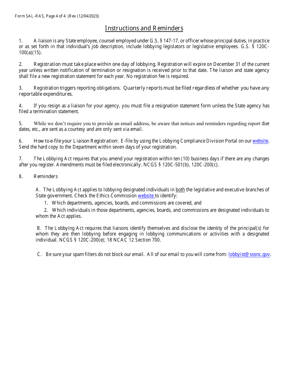 Form SAL-RAS State Agency Liaison Registration and Authorization Statement - North Carolina, Page 4