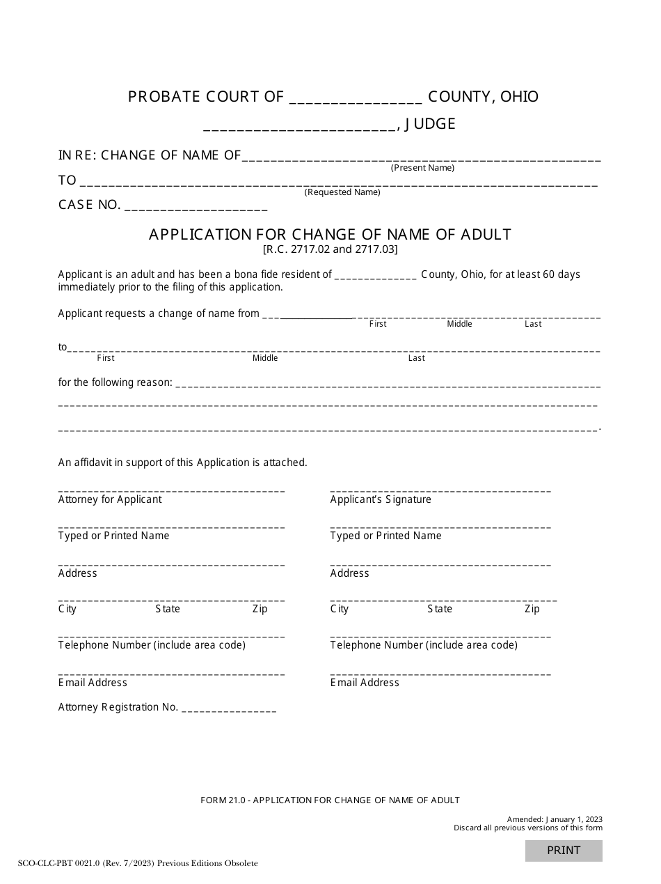Form 21.0 (SCO-CLC-PBT0021.0) Application for Change of Name of Adult - Ohio, Page 1