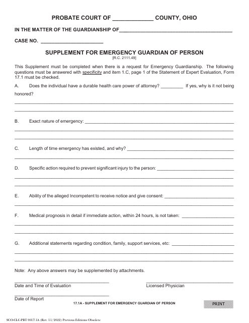 Form 17.1A (SCO-CLC-PBT0017.1A) Supplement for Emergency Guardianship of Person - Ohio