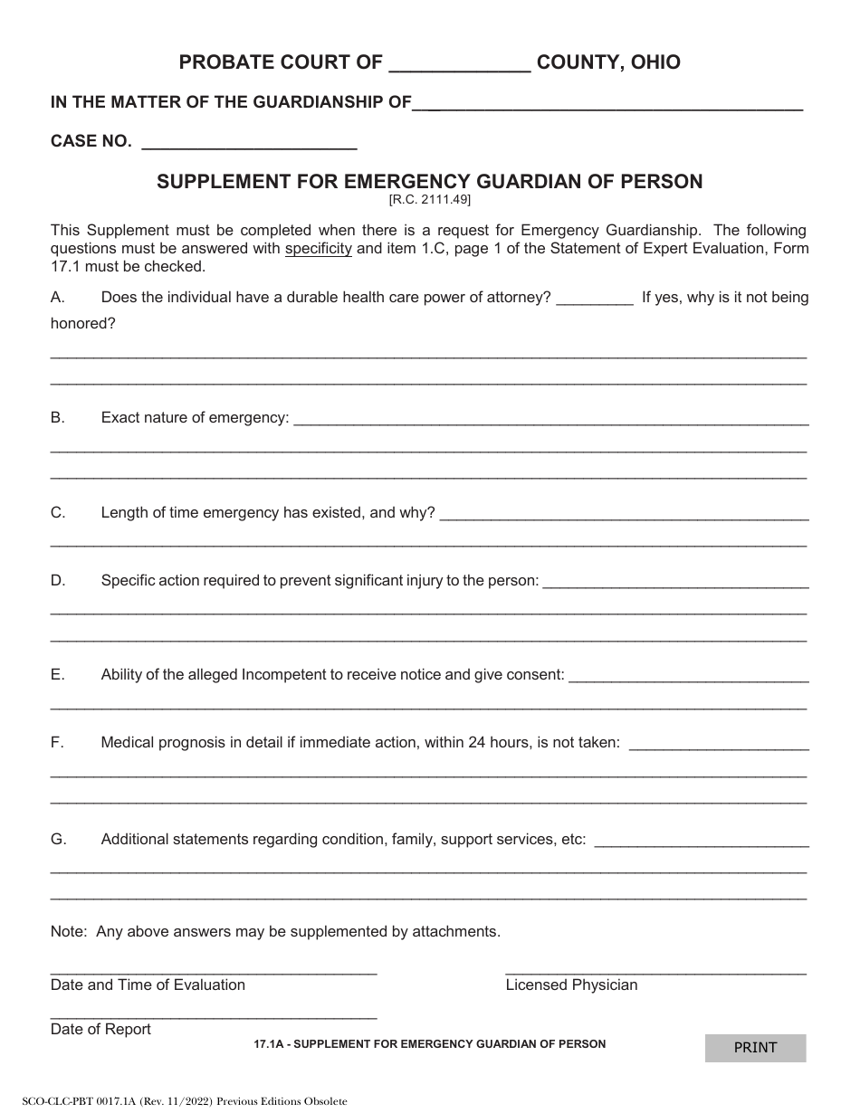 Form 17.1A (SCO-CLC-PBT0017.1A) Supplement for Emergency Guardianship of Person - Ohio, Page 1
