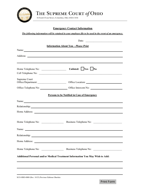 Form SCO-HRD-0008 Emergency Contact Information - Ohio