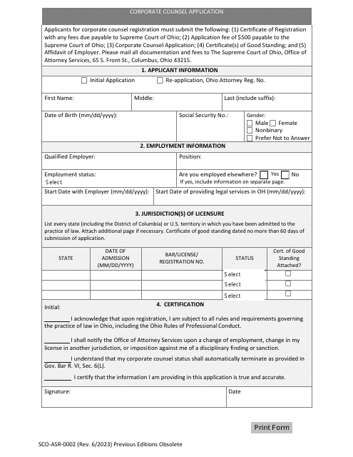 Form SCO-ASR-0002 Corporate Counsel Application - Ohio