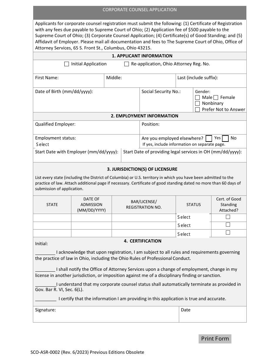 Form SCO-ASR-0002 Corporate Counsel Application - Ohio, Page 1