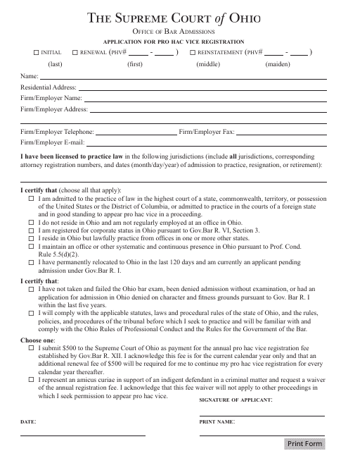 Application for Pro Hac Vice Registration - Ohio