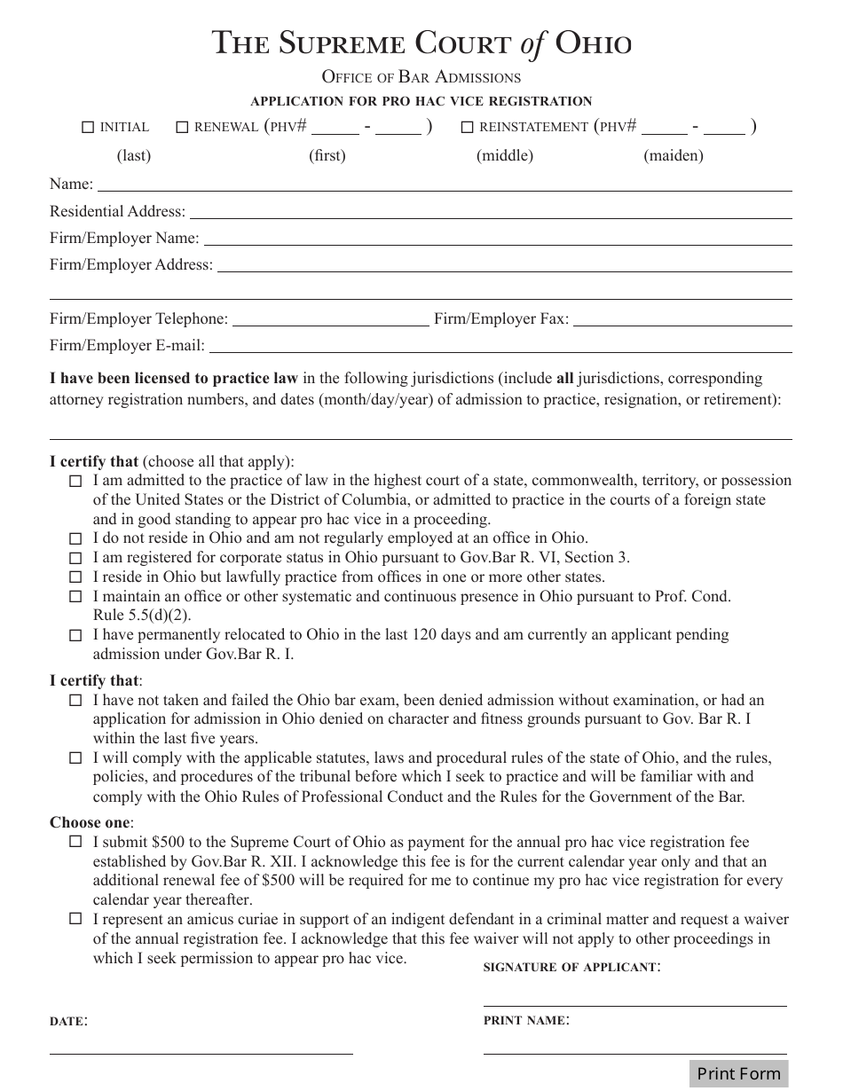 Application for Pro Hac Vice Registration - Ohio, Page 1