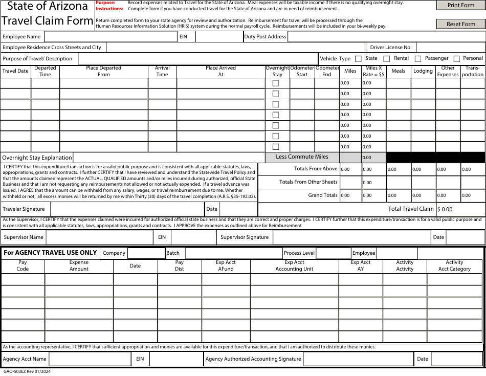 Form GAO-503EZ Travel Claim Form - Arizona, Page 1