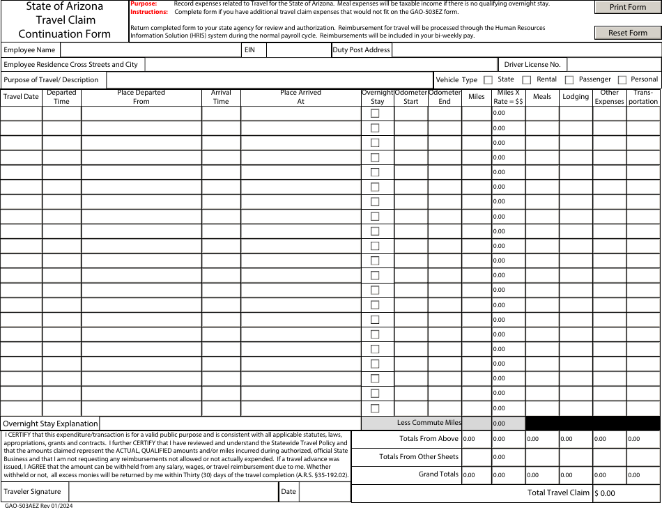 Form GAO-503AEZ Travel Claim Continuation Form - Arizona, Page 1