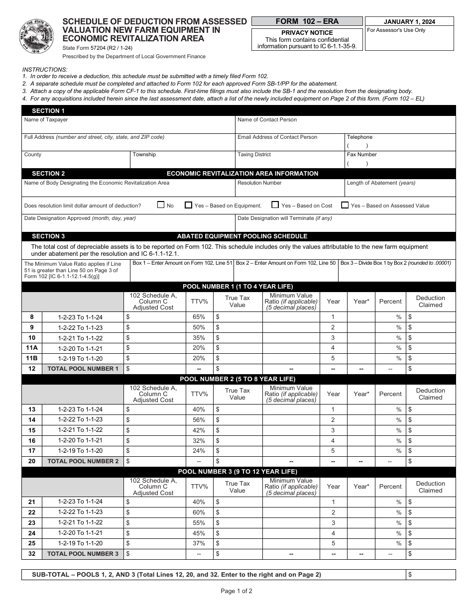 State Form 57204 (102-ERA) Schedule of Deduction From Assessed Valuation New Farm Equipment in Economic Revitalization Area - Indiana, Page 1