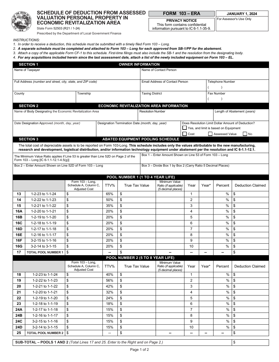 State Form 52503 (103-ERA) Schedule of Deduction From Assessed Valuation Personal Property in Economic Revitalization Area - Indiana, Page 1