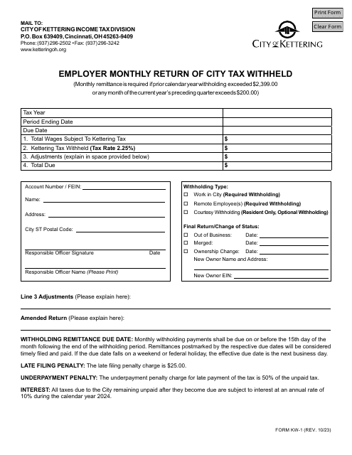 Form KW-1 Employer Monthly Return of City Tax Withheld - City of Kettering, Ohio