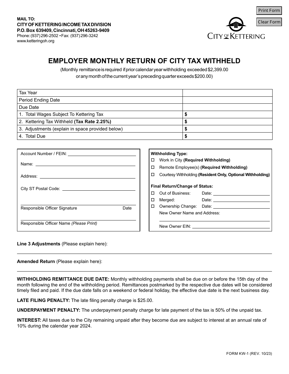 Form KW-1 Employer Monthly Return of City Tax Withheld - City of Kettering, Ohio, Page 1