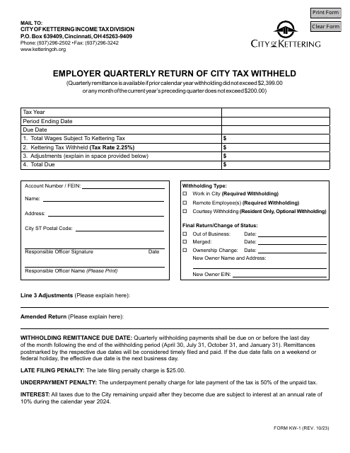Form KW-1 Employer Quarterly Return of City Tax Withheld - City of Kettering, Ohio