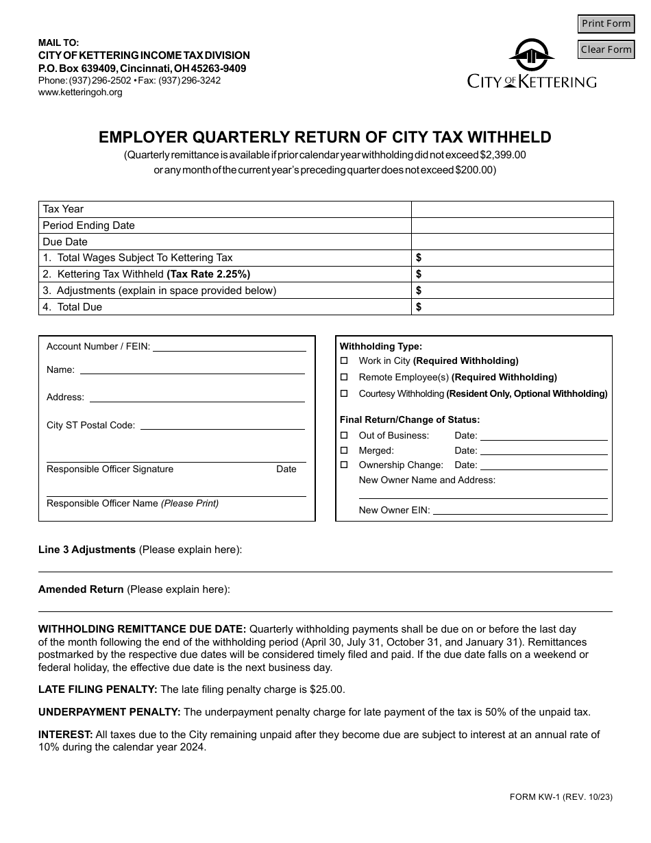 Form KW-1 Employer Quarterly Return of City Tax Withheld - City of Kettering, Ohio, Page 1