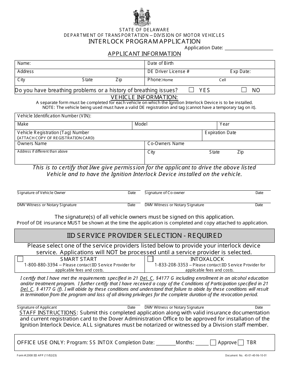 Form 2008 Interlock Program Application - Delaware, Page 1