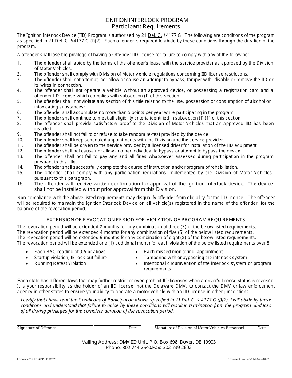 Form 2008 Interlock Program Application - Delaware, Page 2
