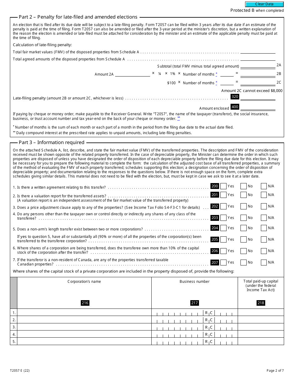 Form T2057 Election on Disposition of Property by a Taxpayer to a Taxable Canadian Corporation - Canada, Page 2