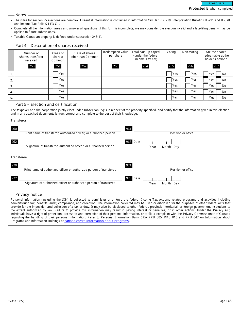 Form T2057 Election on Disposition of Property by a Taxpayer to a Taxable Canadian Corporation - Canada, Page 3