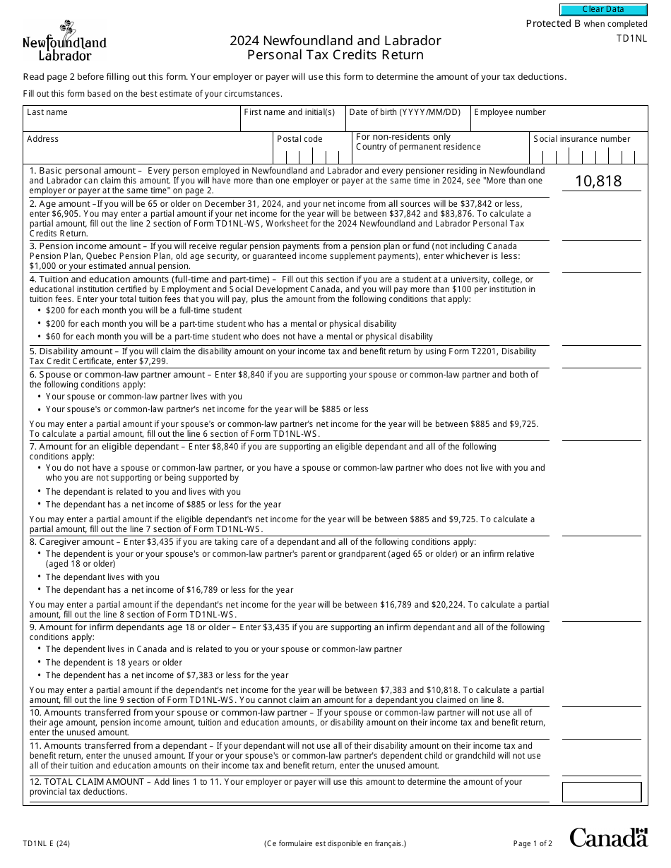 Form TD1NL Download Fillable PDF or Fill Online Newfoundland and