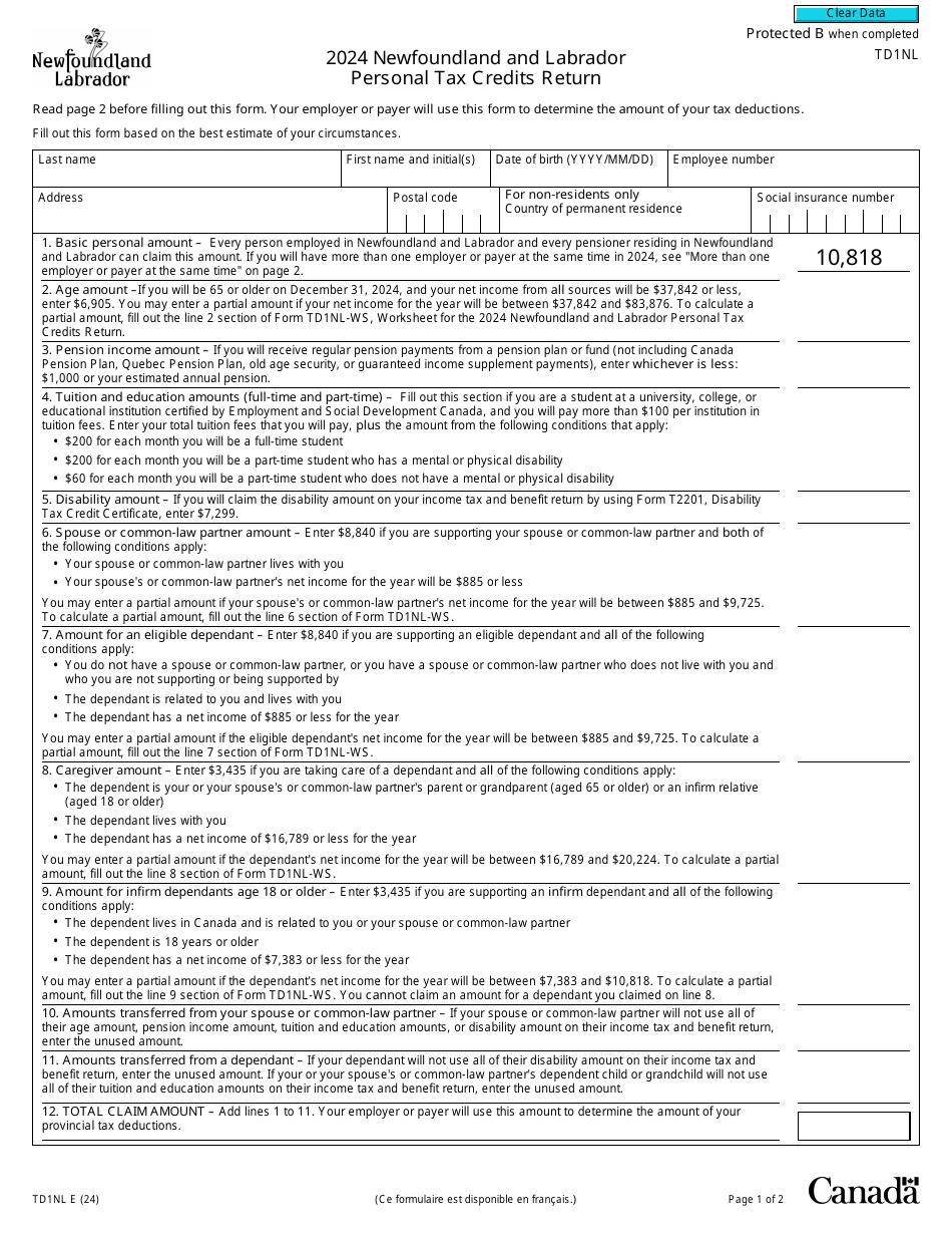 Form TD1NL Newfoundland and Labrador Personal Tax Credits Return - Canada, Page 1