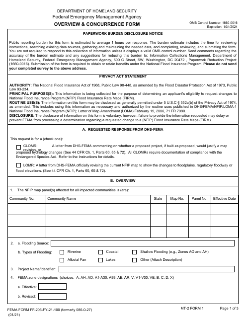 Form MT-2 (1; FEMA Form FF-206-FY-21-100) Overview & Concurrence Form