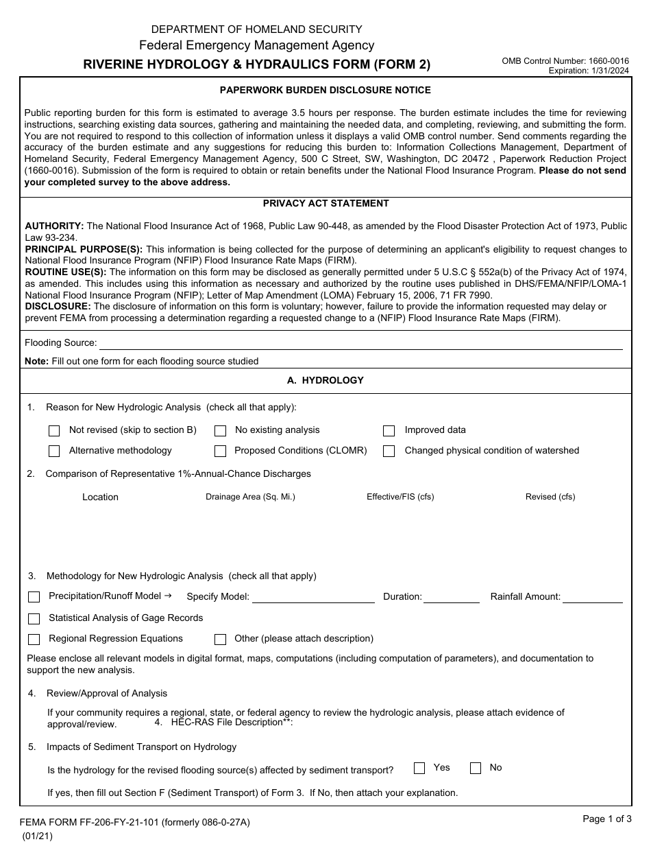 Form MT-2 (2; FEMA Form FF-206-FY-21-101) Riverine Hydrology  Hydraulics Form, Page 1
