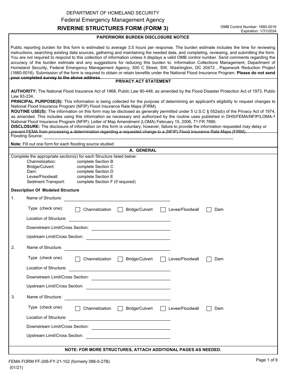 Form MT-2 (3; FEMA Form FF-206-FY-21-102) Riverine Structures Form, Page 1