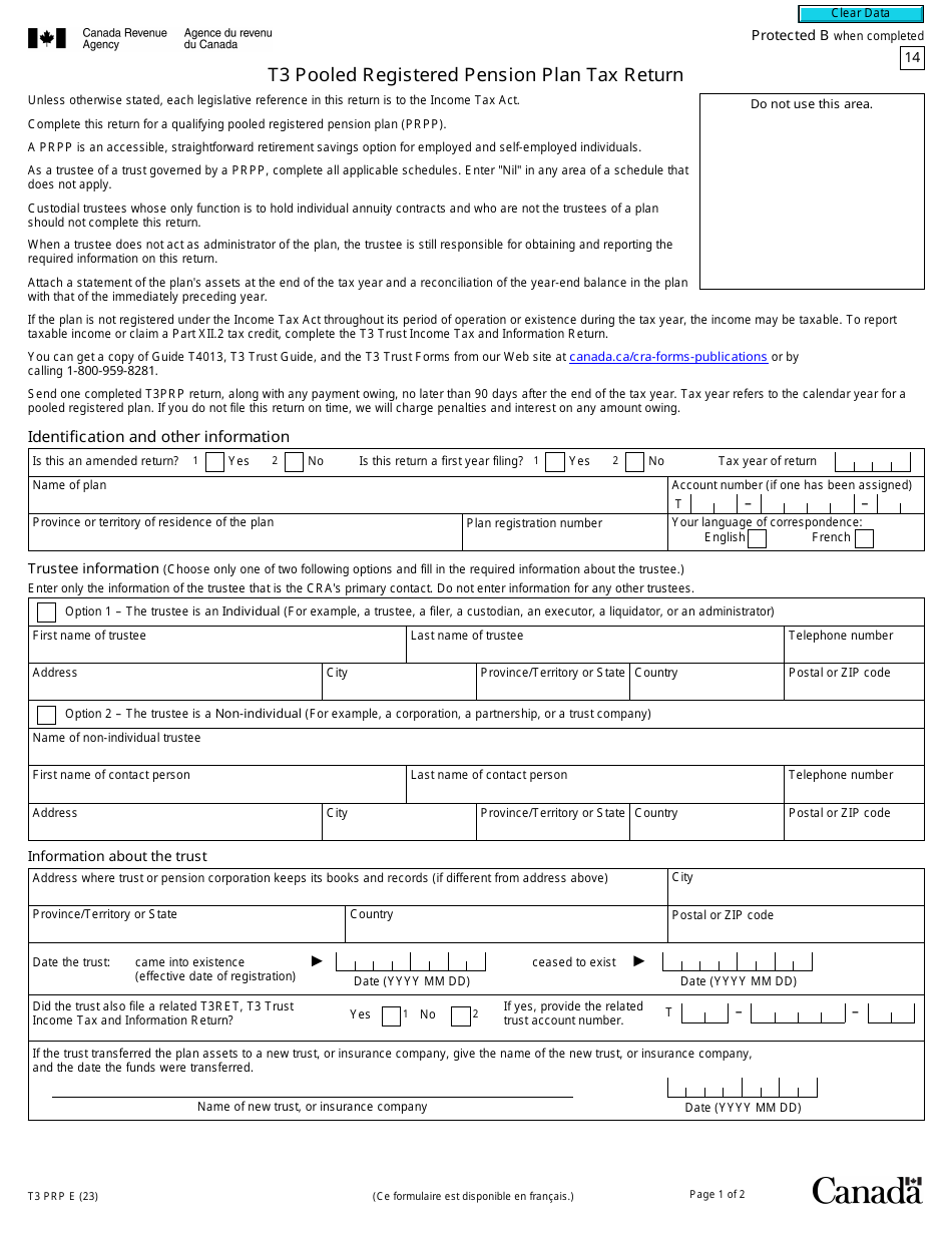 Form T3 PRP T3 Pooled Registered Pension Plan Tax Return - Canada, Page 1