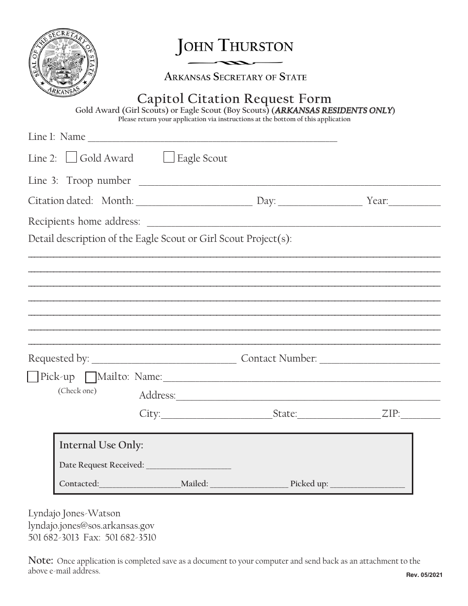 Capitol Citation Request Form - Gold Award (Girl Scouts) or Eagle Scout (Boy Scouts) - Arkansas, Page 1
