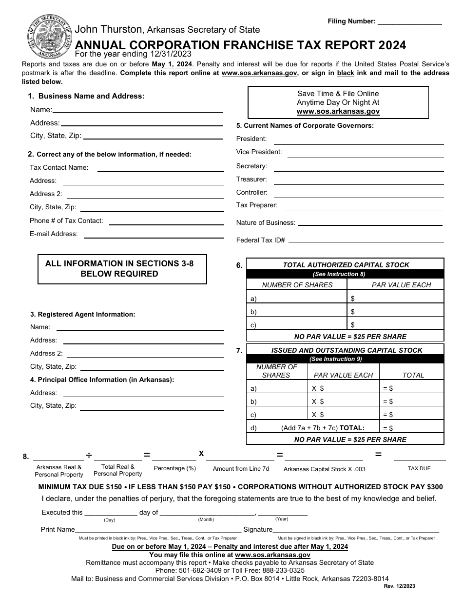 2024 Arkansas Annual Corporation Franchise Tax Report - Corporations ...