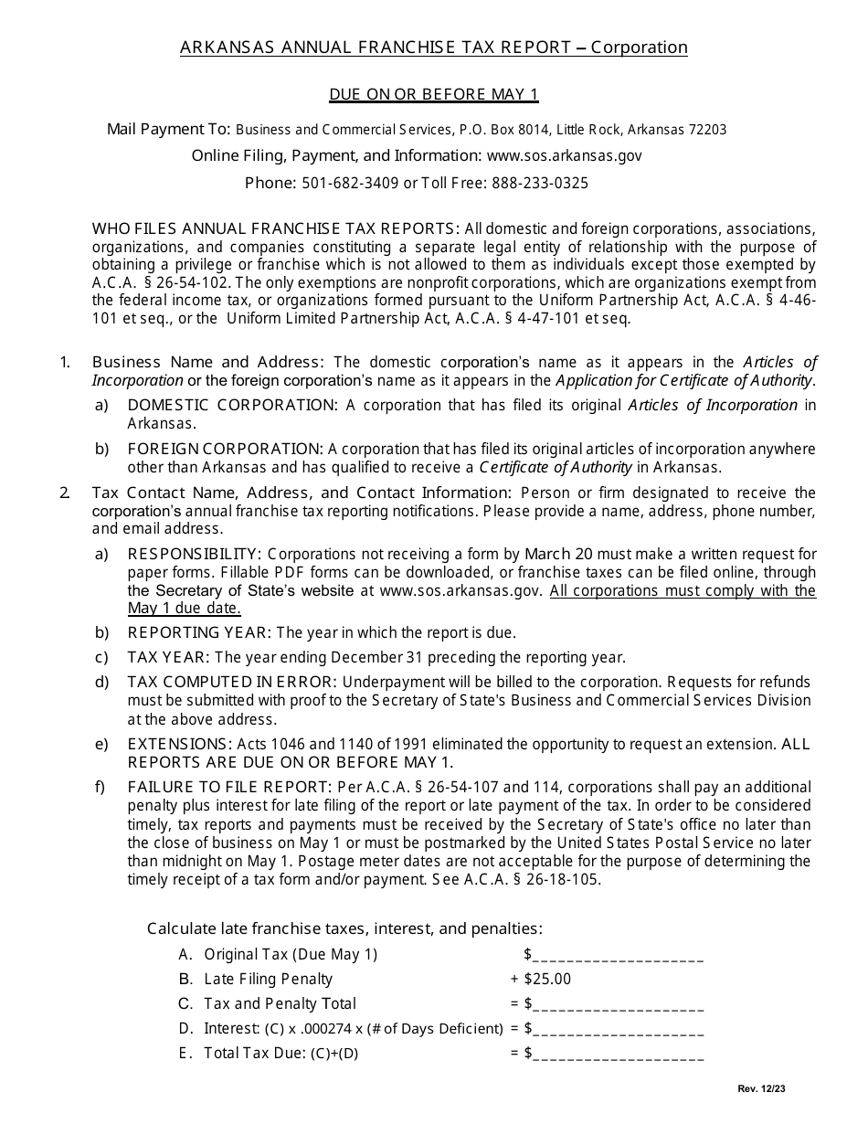 2024 Arkansas Annual Corporation Franchise Tax Report Corporations